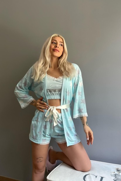 Bebe Mavisi Yıldız Desenli Sabahlıklı Bralet Örme Pijama Takımı - 3
