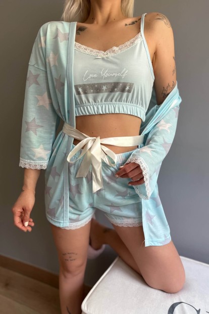 Bebe Mavisi Yıldız Desenli Sabahlıklı Bralet Örme Pijama Takımı - 4