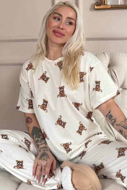 Beige Teddy Desenli Bambu Kısa Kol Kadın Pijama Takımı - 7