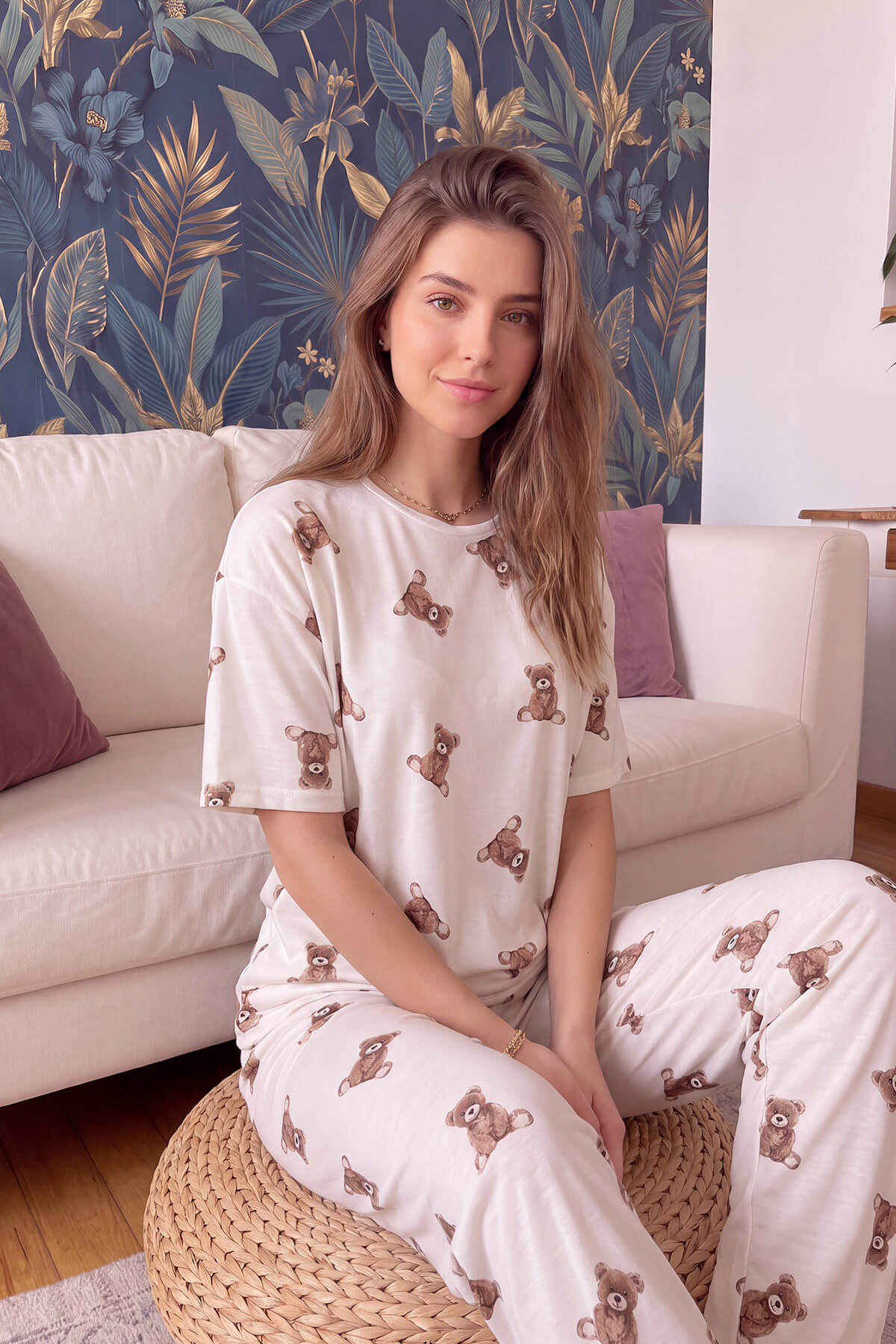 Beige Teddy Desenli Bambu Kısa Kol Kadın Pijama Takımı - Pijamaevi (1)