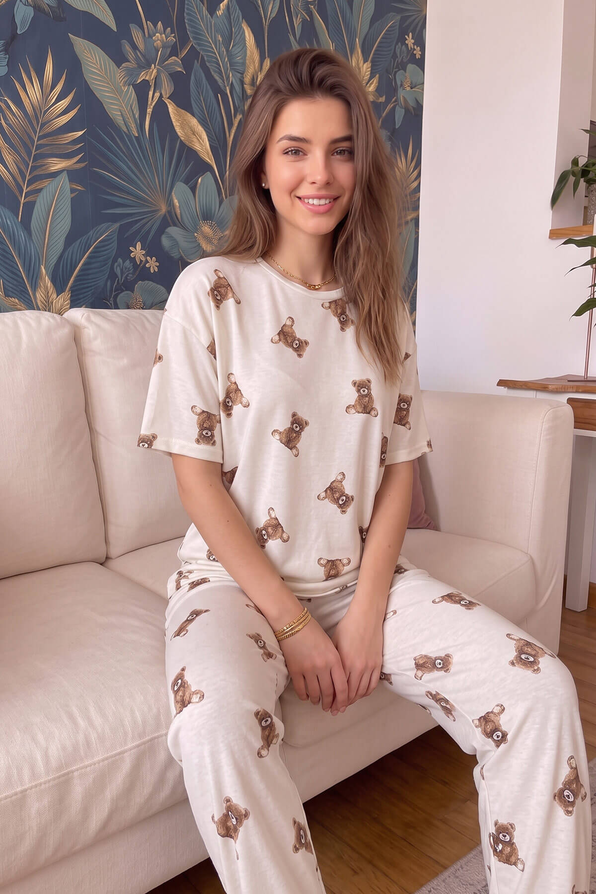 Beige Teddy Desenli Bambu Kısa Kol Kadın Pijama Takımı - Pijamaevi (3)