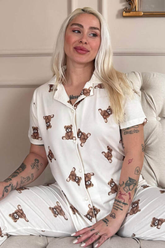 Beige Teddy Desenli Bambu Önden Düğmeli Kısa Kol Pijama Takımı - Pijamaevi