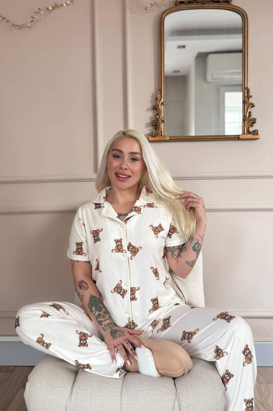 Beige Teddy Desenli Bambu Önden Düğmeli Kısa Kol Pijama Takımı - Pijamaevi (2)