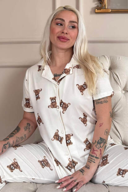 Beige Teddy Desenli Bambu Önden Düğmeli Kısa Kol Pijama Takımı - 6