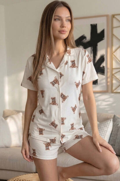Beige Teddy Desenli Kısa Kol Şortlu Önden Düğmeli Kadın Pijama Takımı - 2