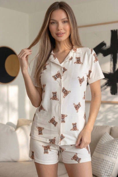 Beige Teddy Desenli Kısa Kol Şortlu Önden Düğmeli Kadın Pijama Takımı - 5