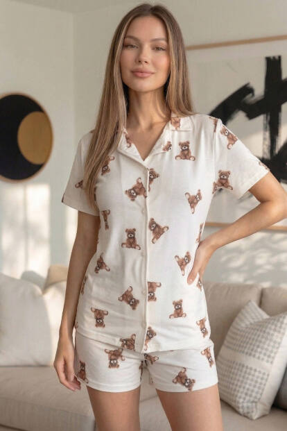 Beige Teddy Desenli Kısa Kol Şortlu Önden Düğmeli Kadın Pijama Takımı - 6