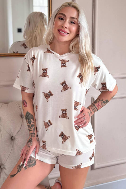 Beige Teddy Desenli Kısa Kollu Şortlu Örme Kadın Pijama Takımı - Pijamaevi
