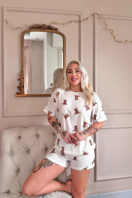 Beige Teddy Desenli Kısa Kollu Şortlu Örme Kadın Pijama Takımı - Pijamaevi (1)