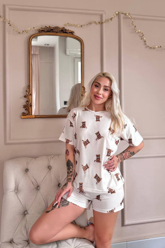 Beige Teddy Desenli Kısa Kollu Şortlu Örme Kadın Pijama Takımı - Pijamaevi (2)