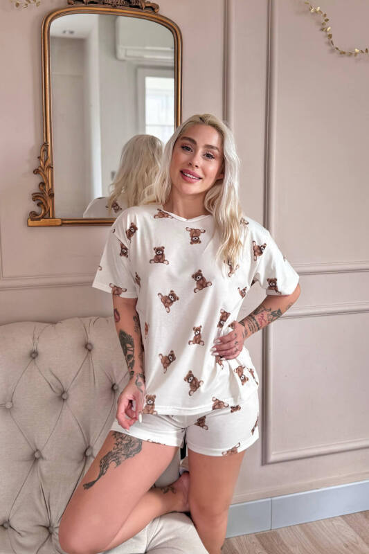 Beige Teddy Desenli Kısa Kollu Şortlu Örme Kadın Pijama Takımı - Pijamaevi (3)