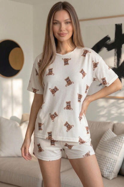 Beige Teddy Desenli Kısa Kollu Şortlu Örme Kadın Pijama Takımı - 3