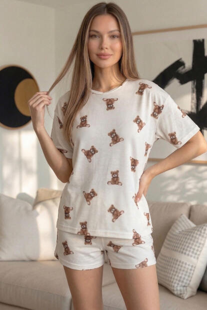 Beige Teddy Desenli Kısa Kollu Şortlu Örme Kadın Pijama Takımı - 4