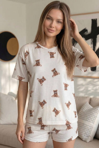 Beige Teddy Desenli Kısa Kollu Şortlu Örme Kadın Pijama Takımı - 5