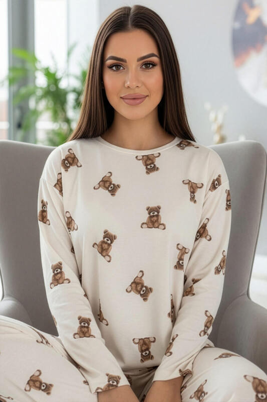Beige Teddy Desenli Uzun Kollu Bambu Örme Kadın Pijama Takımı - Pijamaevi