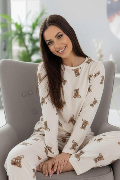 Beige Teddy Desenli Uzun Kollu Bambu Örme Kadın Pijama Takımı - 2