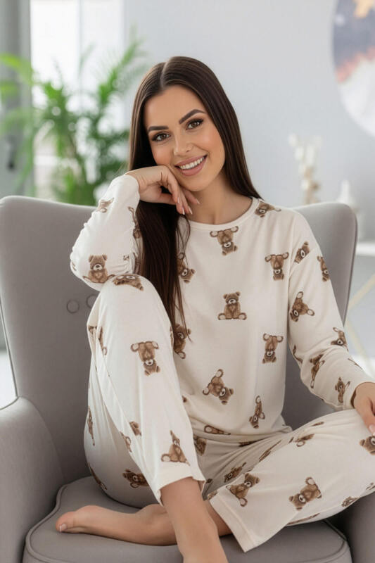 Beige Teddy Desenli Uzun Kollu Bambu Örme Kadın Pijama Takımı - Pijamaevi (2)