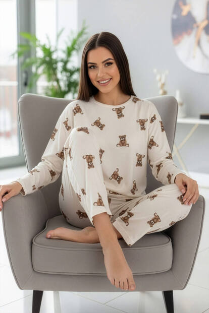 Beige Teddy Desenli Uzun Kollu Bambu Örme Kadın Pijama Takımı - 4