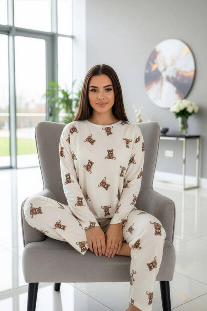 Beige Teddy Desenli Uzun Kollu Bambu Örme Kadın Pijama Takımı - 5