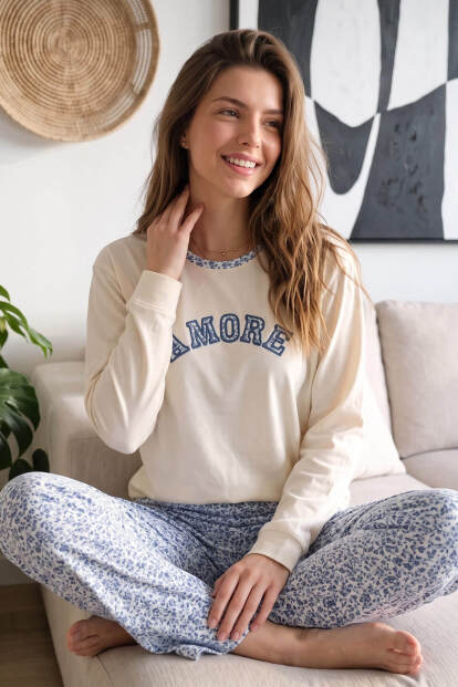 Bej Amore Desenli Cotton Refined Kadın Pijama Takımı 
