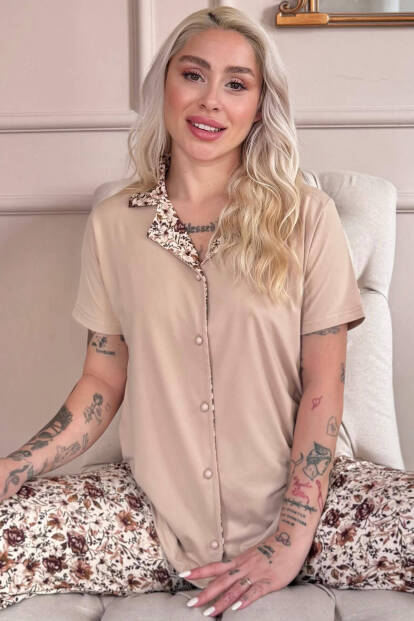 Bej Autumn Blossom Exclusive Önden Düğmeli Kadın Pijama Takımı 
