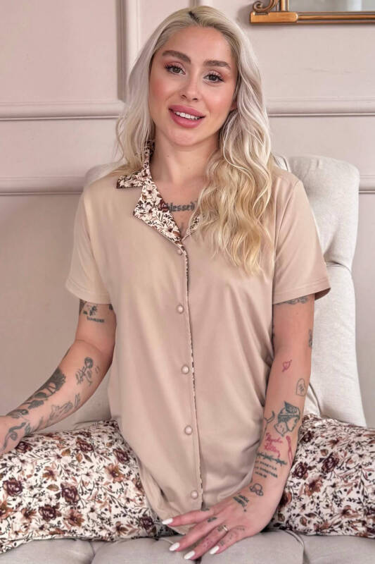 Bej Autumn Blossom Exclusive Önden Düğmeli Kadın Pijama Takımı - Pijamaevi