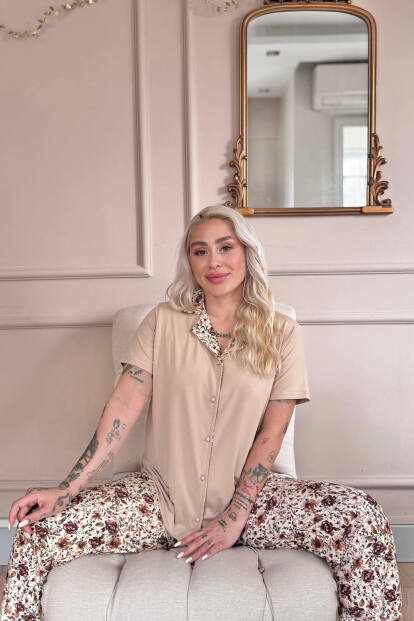 Bej Autumn Blossom Exclusive Önden Düğmeli Kadın Pijama Takımı - 2