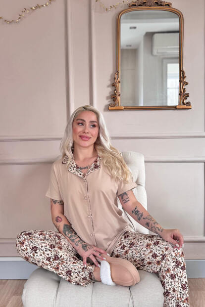 Bej Autumn Blossom Exclusive Önden Düğmeli Kadın Pijama Takımı - 3