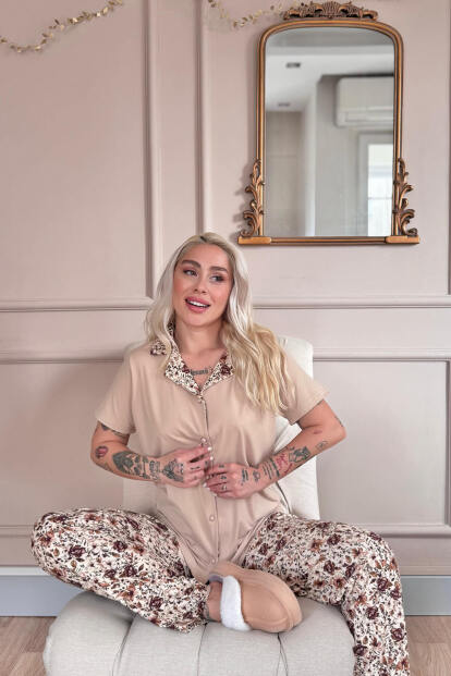Bej Autumn Blossom Exclusive Önden Düğmeli Kadın Pijama Takımı - 4