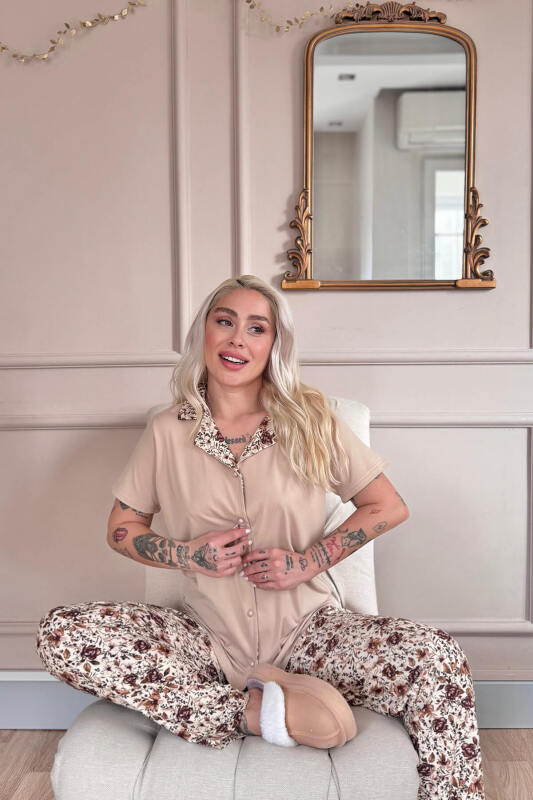 Bej Autumn Blossom Exclusive Önden Düğmeli Kadın Pijama Takımı - Pijamaevi (3)