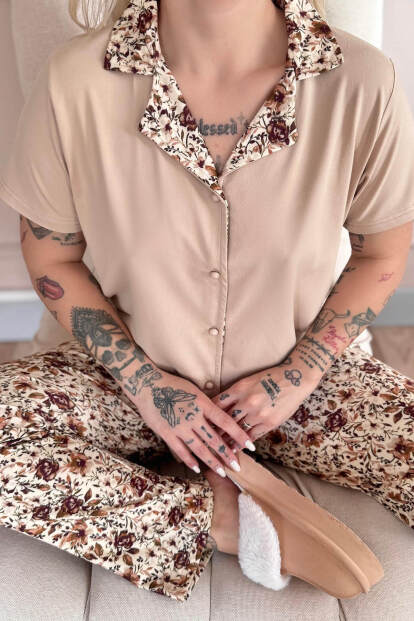 Bej Autumn Blossom Exclusive Önden Düğmeli Kadın Pijama Takımı - 5
