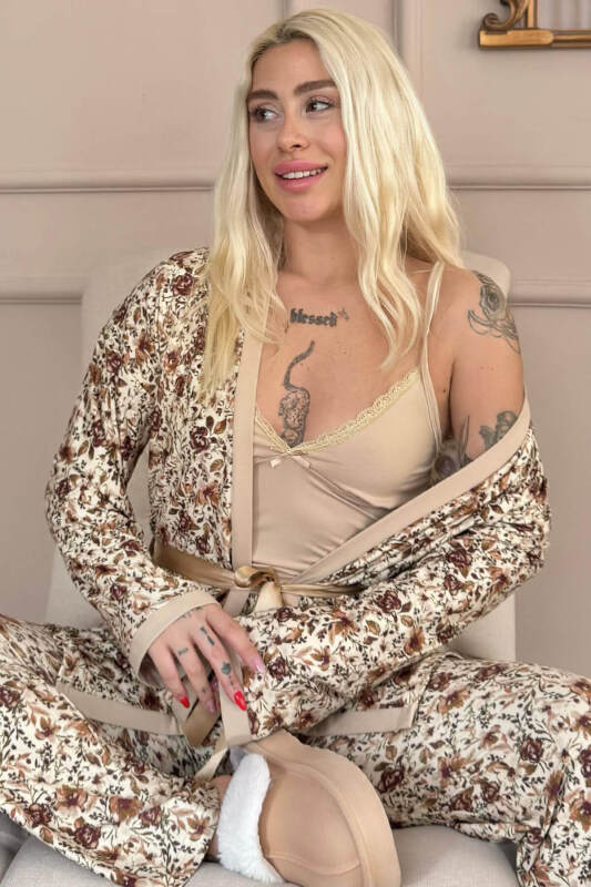 Bej Autumn Blossom Exclusive Örme Sabahlıklı Kadın Pijama Takım - Pijamaevi