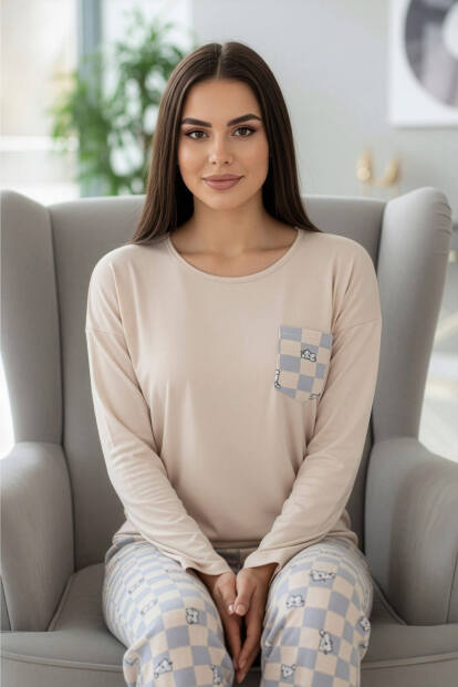 Bej Cat Desenli Uzun Kollu Bambu Örme Kadın Pijama Takımı - 2