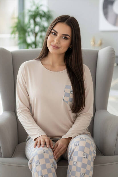 Bej Cat Desenli Uzun Kollu Bambu Örme Kadın Pijama Takımı - 3