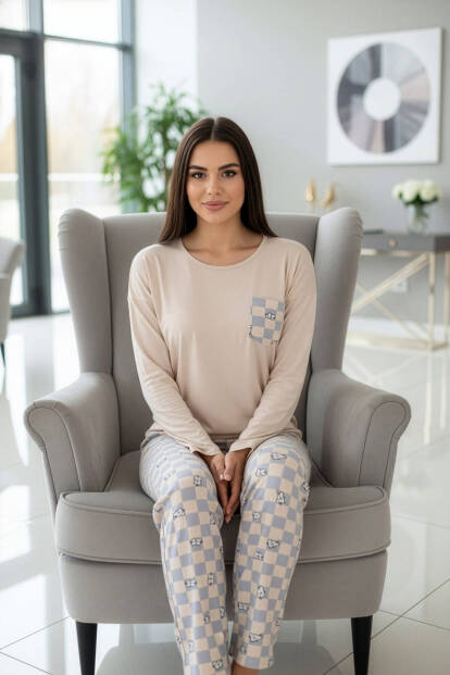 Bej Cat Desenli Uzun Kollu Bambu Örme Kadın Pijama Takımı - 4