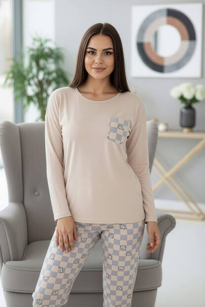 Bej Cat Desenli Uzun Kollu Bambu Örme Kadın Pijama Takımı - 5