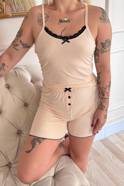 Bej Chic Comfort Dantelli Örme Askılı Şortlu Kadın Pijama Takımı - 5