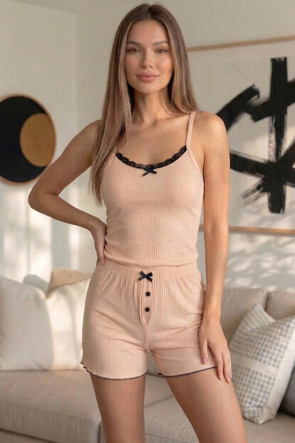Bej Chic Comfort Dantelli Örme Askılı Şortlu Kadın Pijama Takımı - 3
