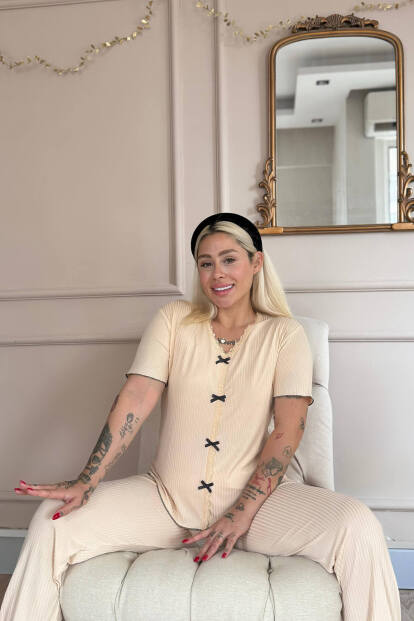 Bej Delicato Örme Kısa Kol Kadın Pijama Takımı - 2