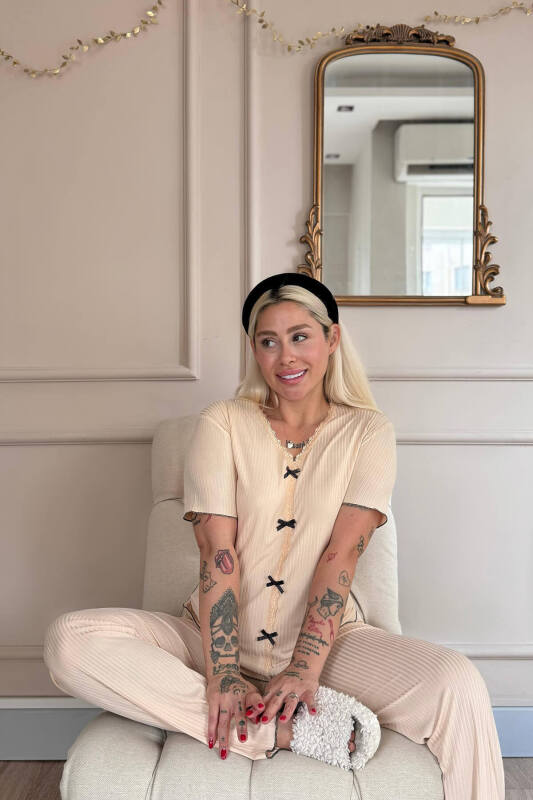 Bej Delicato Örme Kısa Kol Kadın Pijama Takımı - Pijamaevi (3)