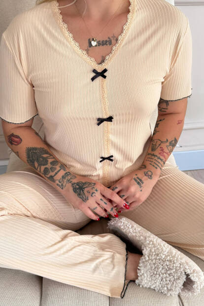 Bej Delicato Örme Kısa Kol Kadın Pijama Takımı - 5
