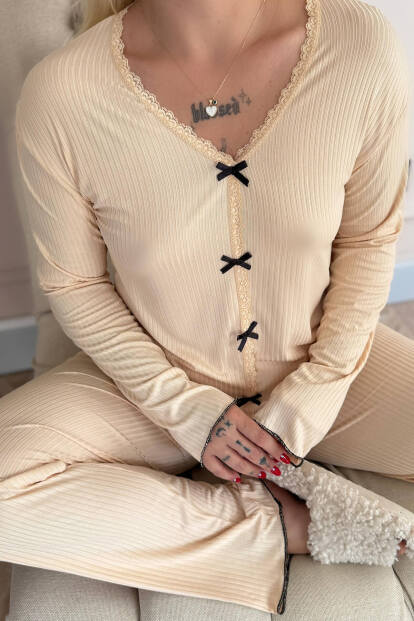 Bej Delicato Örme Uzun Kol Kadın Pijama Takımı - 5