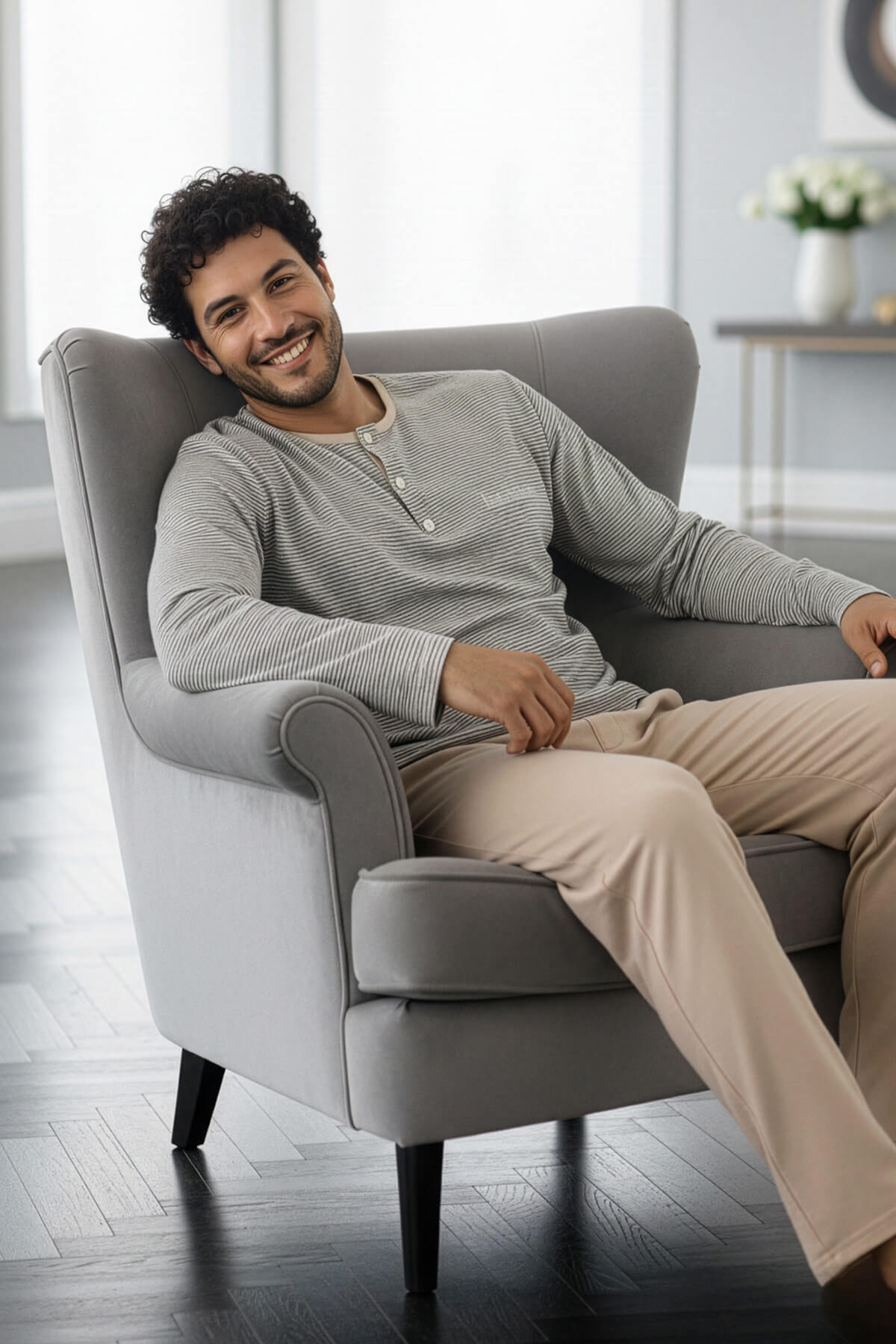 Bej Desenli Stylish Erkek Uzun Kol Pijama Takımı - Pijamaevi (1)