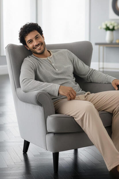 Bej Desenli Stylish Erkek Uzun Kol Pijama Takımı - 2