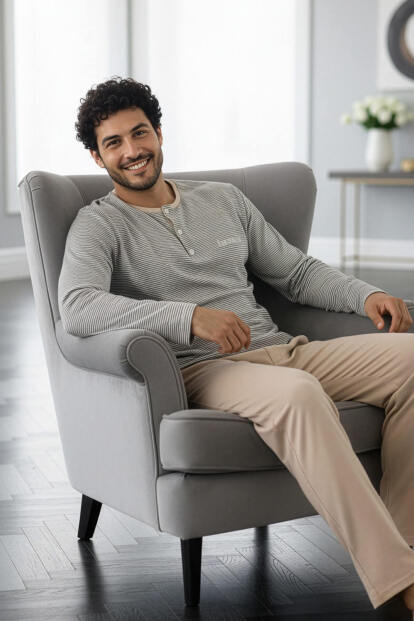 Bej Desenli Stylish Erkek Uzun Kol Pijama Takımı - 3