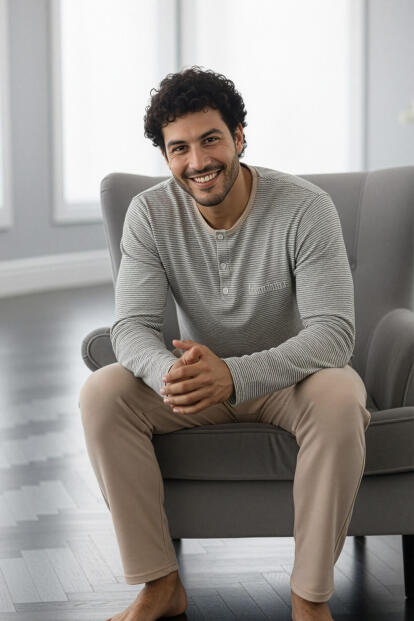 Bej Desenli Stylish Erkek Uzun Kol Pijama Takımı - 4
