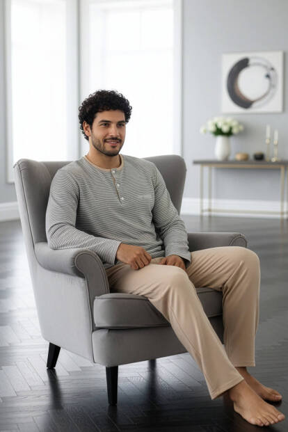 Bej Desenli Stylish Erkek Uzun Kol Pijama Takımı - 5