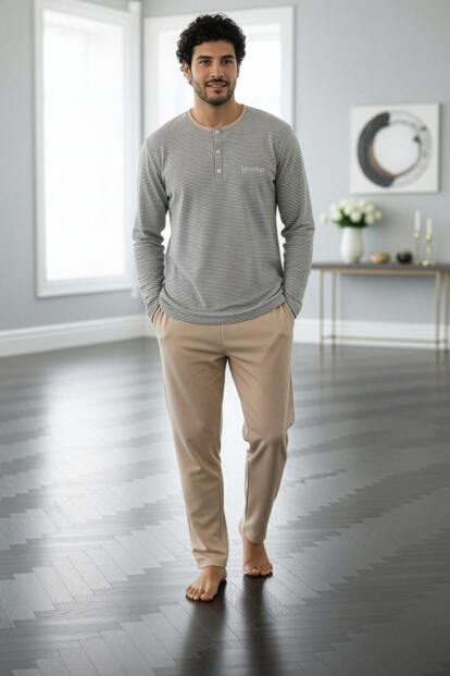 Bej Desenli Stylish Erkek Uzun Kol Pijama Takımı - 6