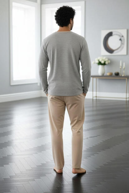 Bej Desenli Stylish Erkek Uzun Kol Pijama Takımı - 7