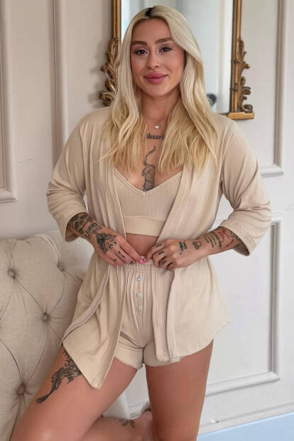 Bej Dublin Büstiyerli Sabahlıklı Kadın Pijama Takımı - 1